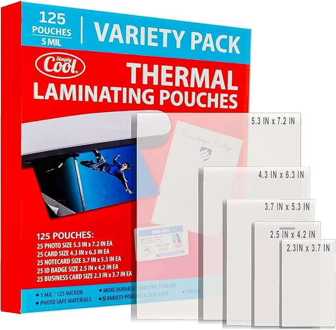 5MIL Thermal Laminating Sheets Photo, ID Badge, and Business Card Sizes by SimplyCool