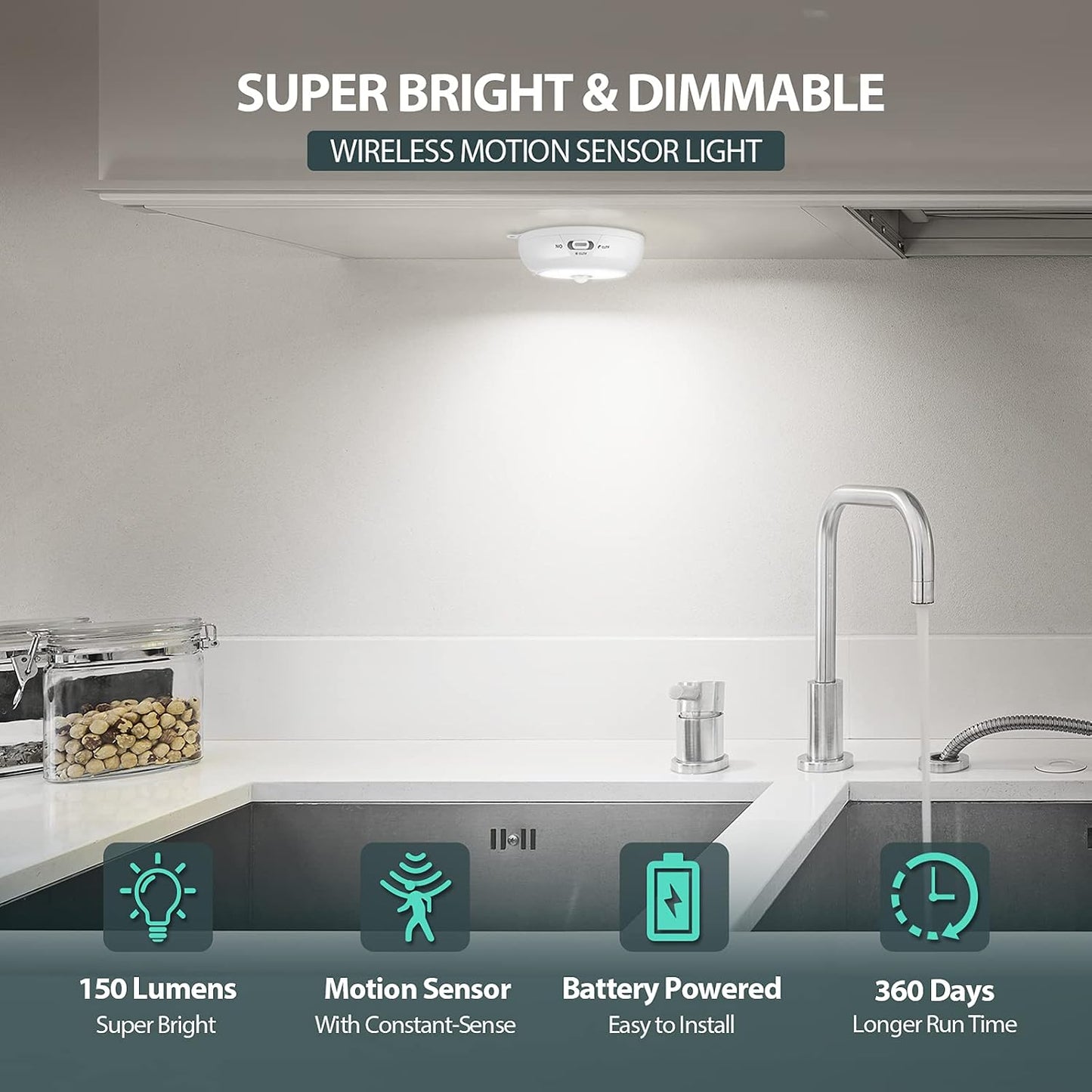 Reoshine Motion Sensor Light Indoor, LED Night Light Closet Lights, Under Cabinet Lights, AA Battery Operated Stick on Wireless Puck Lights for Wall, Step, Stair, Dimmable (3 Pack)