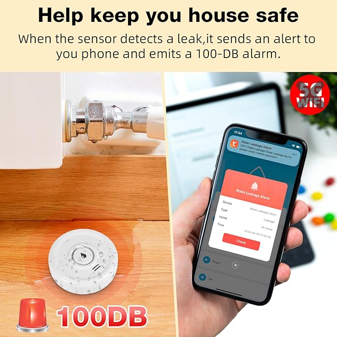 Douevo 5 Pack WiFi Water Leak Sensor, 100 dB Water Alarm Leak Detector - Image 7