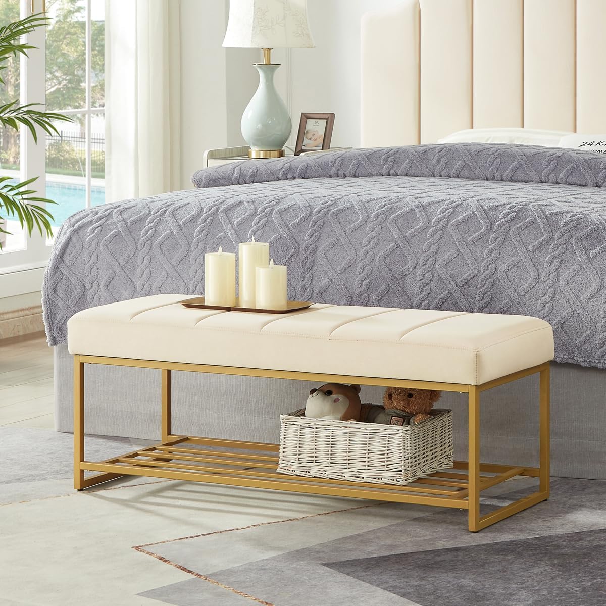 24kf cream velvet upholstered end of bed bench, main product view