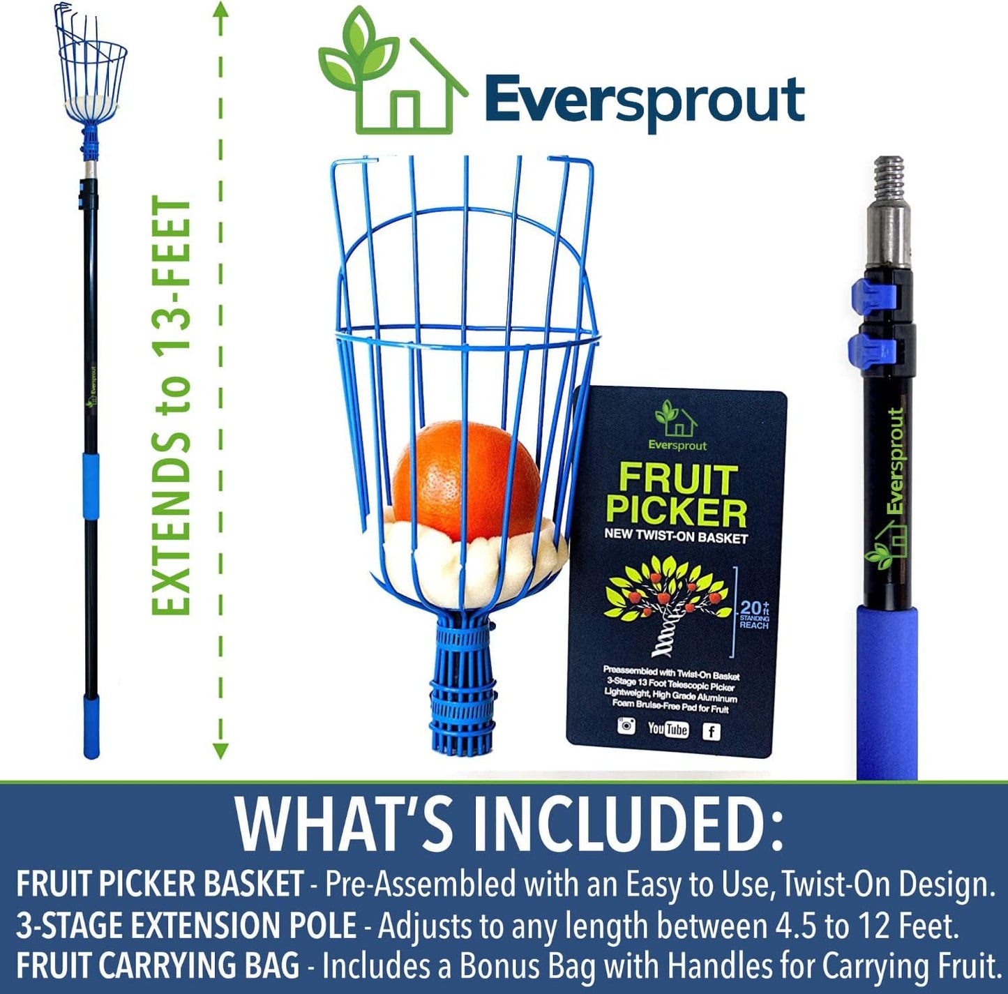 EVERSPROUT 4.5 to 12 Ft Fruit Picker with TwistOn Basket and Extension Pole | Fits 3/4-Inch ACME Poles, Foam-Cushioned Basket, Fits Fruit 1.25 to 5.5 Inches, for Apples, Oranges, Limes, Mangos and More