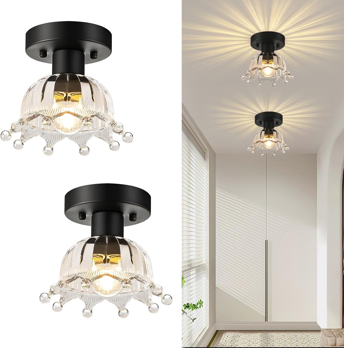 Mid-Century Modern Ceiling Light, 2 Pack Hallway Light Fixtures | Black Semi Flush Mount Ceiling Light, Small Hallway Light Fixtures for Kitchen, Foyer, Entryway, Laundry Room E26