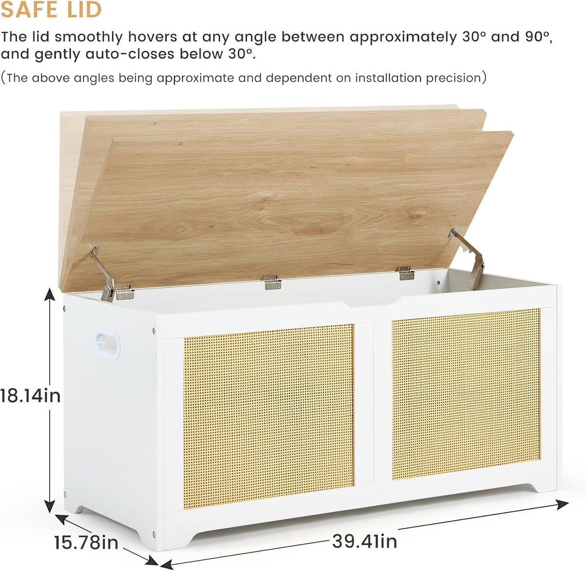 erommy 39.4" storage chest with 2 safety hinges, close-up detail