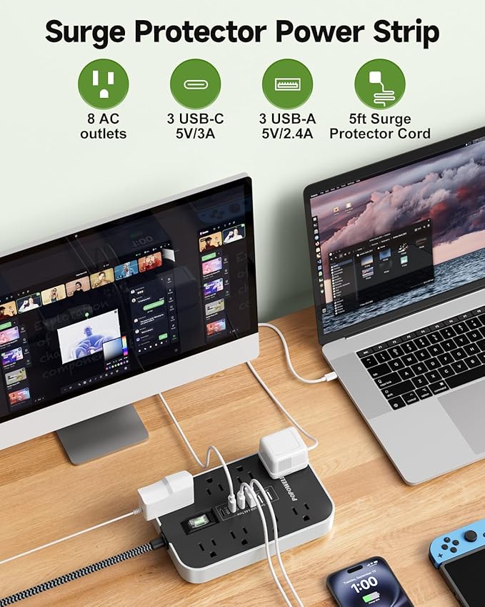 Power Strip Surge Protector- 5FT Flat Plug Extension Cord, 8 AC Outlet& 6 USB - Image 2
