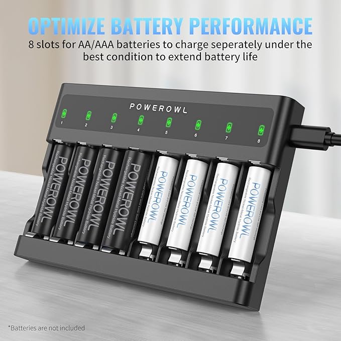 POWEROWL AA AAA Battery Charger 8 Bay, Independent Slot, USB Fast Charging - Image 3
