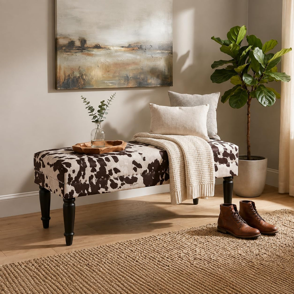 homebeez 39.4" cow print bench, upholstered bedroom cowhide, main product view