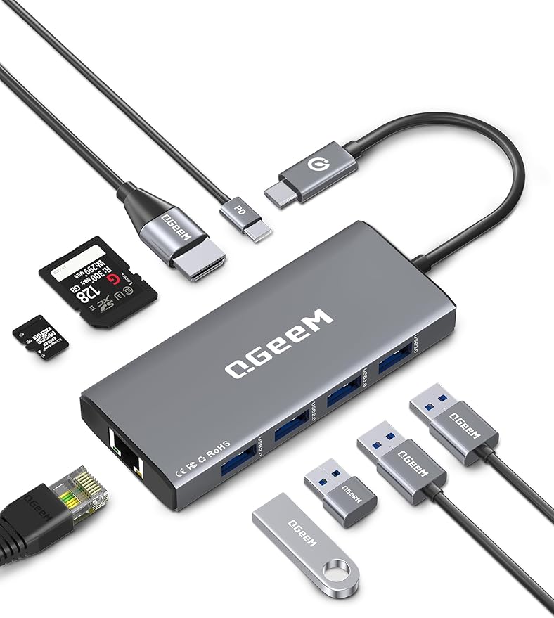 QGeeM USB C Hub Ethernet, 9 in 1 USB Type C Hub HDMI Multi-Port Converter by Redaw
