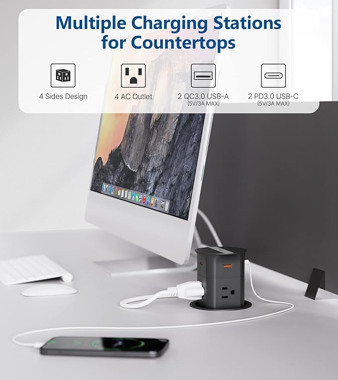 Pop up Outlet for Countertop, PD 20W USB C Fast Charging, 3.15" Desk Grommet - Image 2