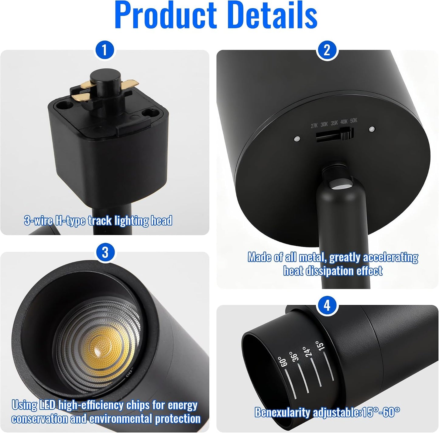 H Type Track Lighting Heads 20W LED Track Light Heads,Black(4 Pack | Zoomable15°-60°,5CCT/2700K-5000K,Dimmable, For Kitchen, Living Room, Bedroom, Dining Room, Shop, Art, Exhibition