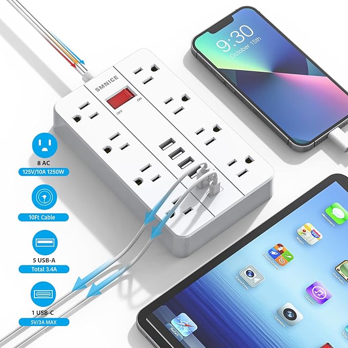 Power Strip Surge Protector, SMNICE Flat Plug Long Extension Cord 10 Ft - Image 3