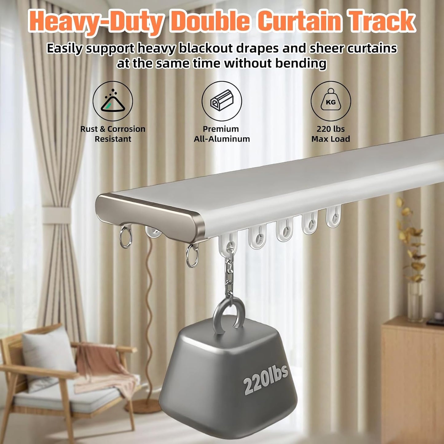 Double Curtain Track Ceiling Mount,Heavy-Duty Thick Aluminum Alloy Curtain Rail with Silent Pulleys,Anti-Sag Dual Rail Room Divider for Bedroom Bay Window Hotel - White, 13.1ft (4m)