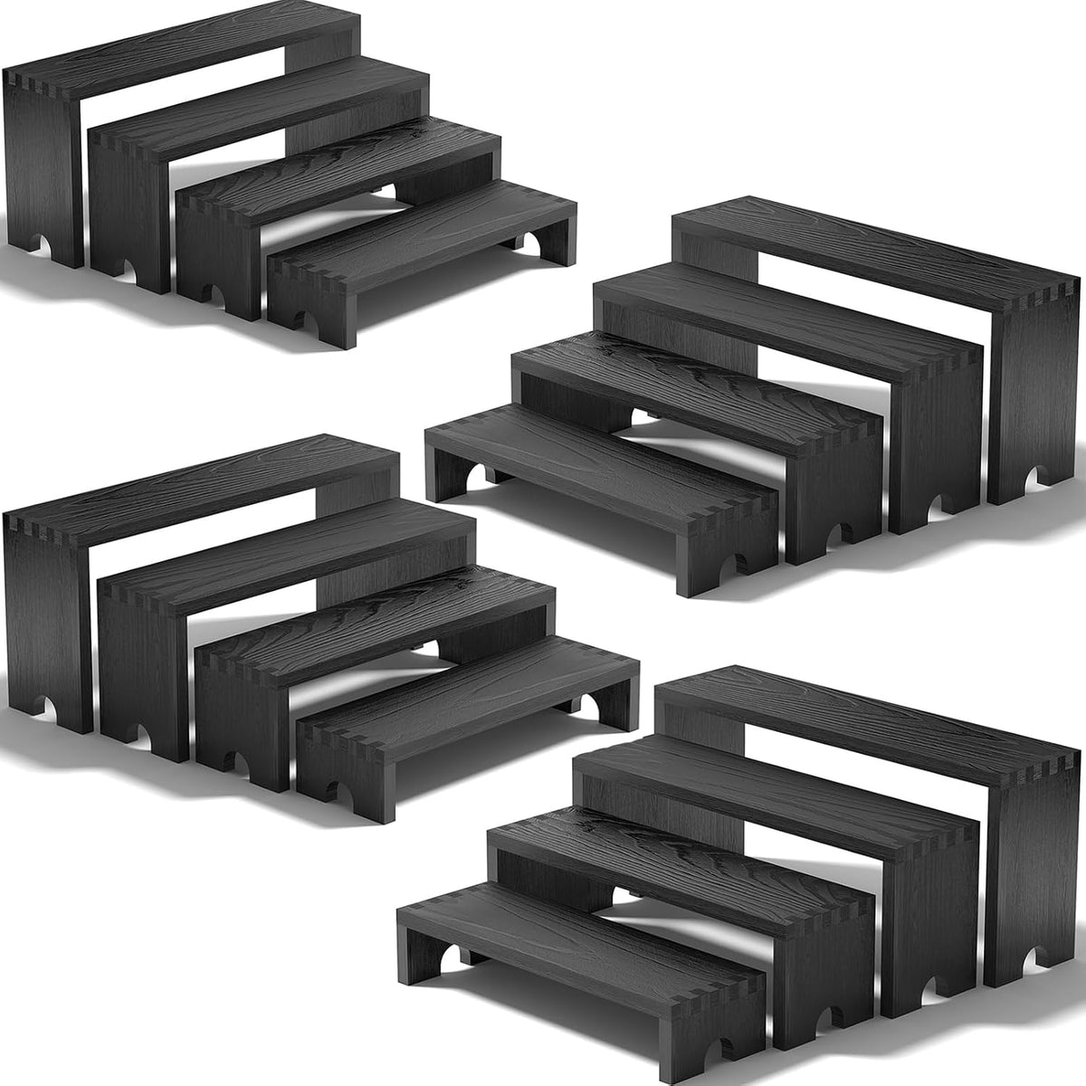 4 Set Large Black Wooden Tiered Riser Display Stands