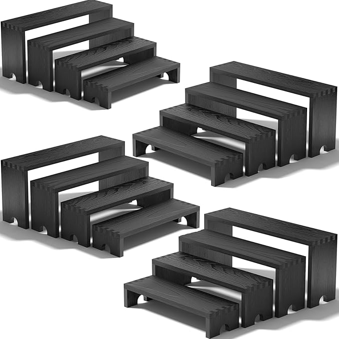 4 Set Large Black Wooden Tiered Riser Display Stands by Unknown