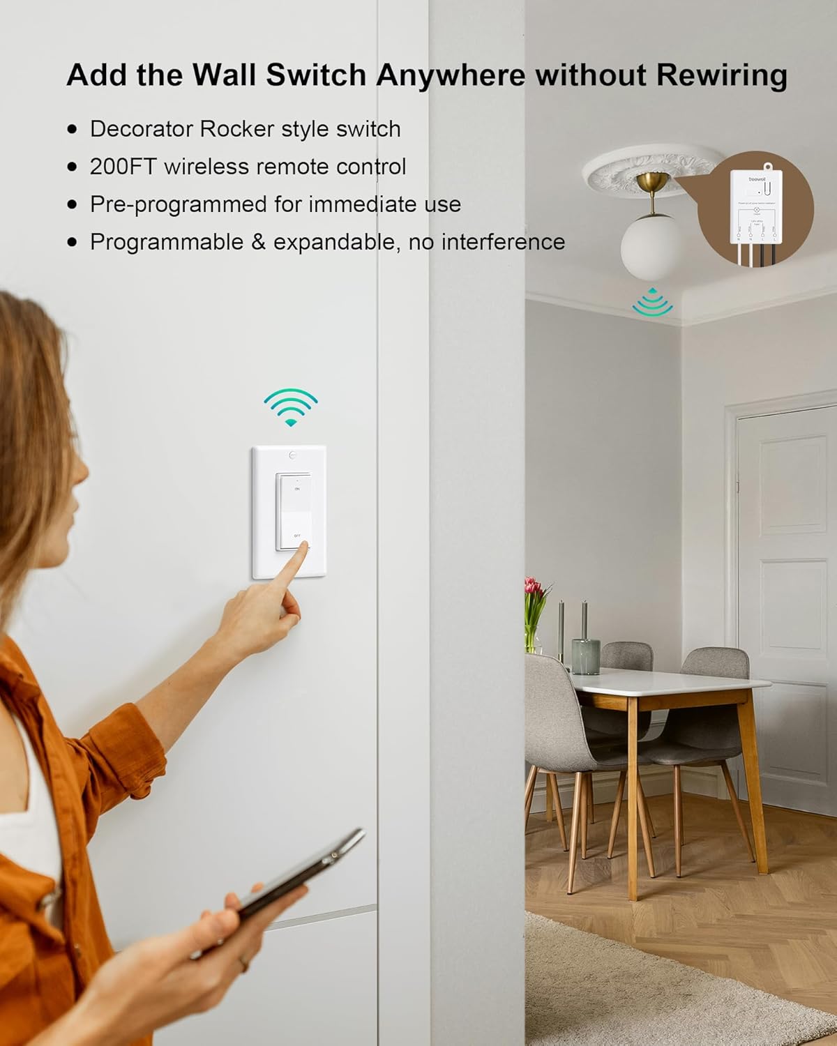 Wireless Light Switch and Receiver Kit, Decorator Rocker Switch | 200FT Long Range, 10A/1200W, No Rewiring, Wireless Wall Switch for Ceiling Light, Fans, Lamps, Programmable & Expandable