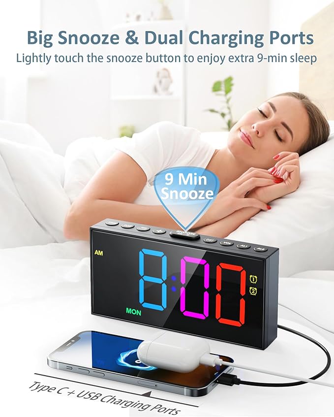 RGB Digital Alarm Clock for Bedroom, Dual Alarms, Weekday/Weekend/Everyday Mode - Image 6