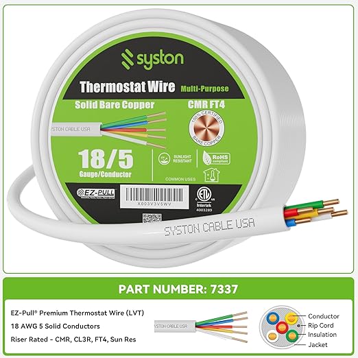 Syston 18/5 Thermostat Doorbell HVAC Heating Control Cable Wire, 18 AWG 5 - Image 3