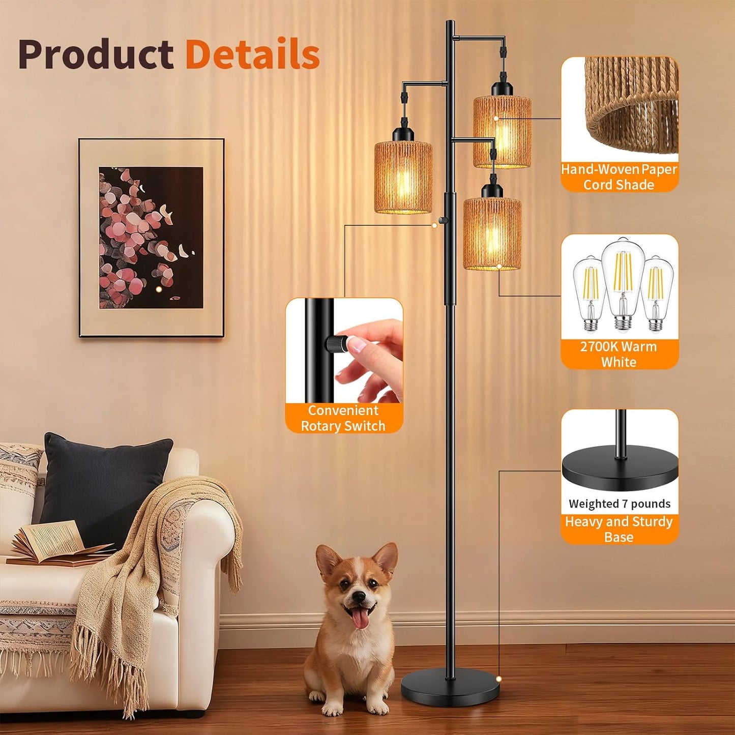Hotsonic 72" Boho Rattan Tree Floor Lamp, Tall Dimmable Industrial Standing Lamp, Corner Decor Accent Lighting for Living Room, Bedroom, Dining Room, Nursery, Cafe (3 x 800LM Bulbs Included) - Black