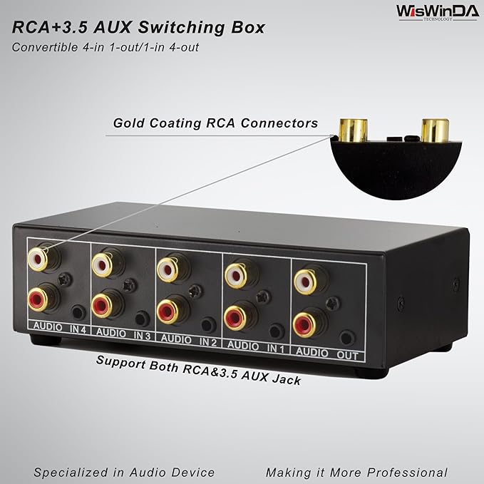 4-in 1-Out RCA 3.5mm AuxAudio Switch Box Audio Converter 4 Channels 1-in 4-Out - Image 3