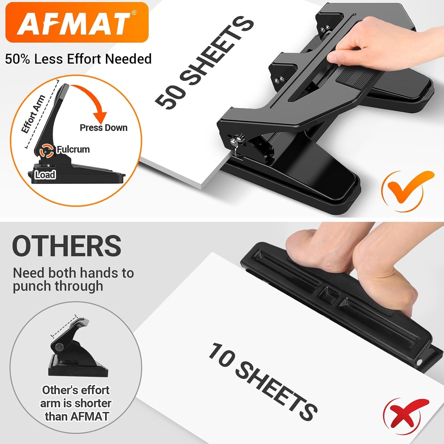 AFMAT Heavy Duty 3 Hole Puncher, 50-Sheet Paper Punch Heavy Duty, 50% Reduced Effort Three Hole Punch, 10K+ Uses, Metal Hole Puncher 3 Ring w/Large Tray, Bulit-in S.S. Paper Guide HPX4(Black)