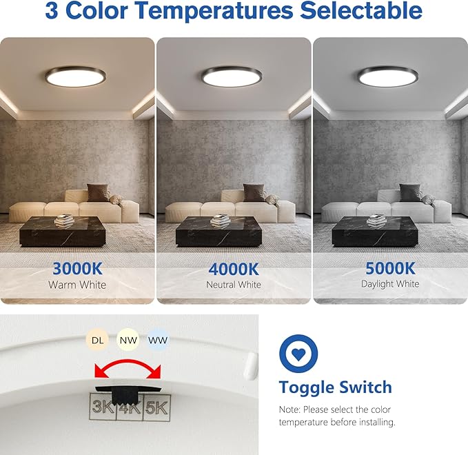 YELIOLED 12 Inch Slim Dimmable LED Flush Mount Ceiling Light Fixtures, 24W - Image 2