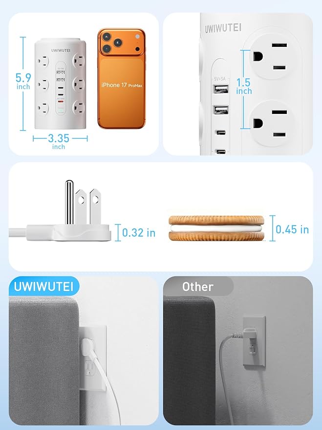Tower Power Strip with 1 Dedicated PD 20W Fast-Charging Port, 12 Outlets - Image 7