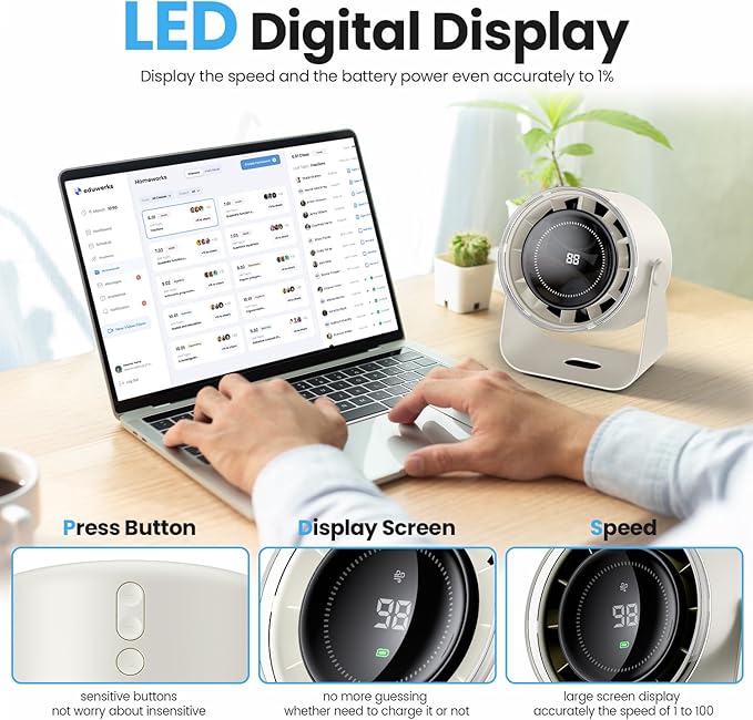 WSKEN Desk Fan with Battery Operated, Quiet Digital Display Portable Fan - Image 2