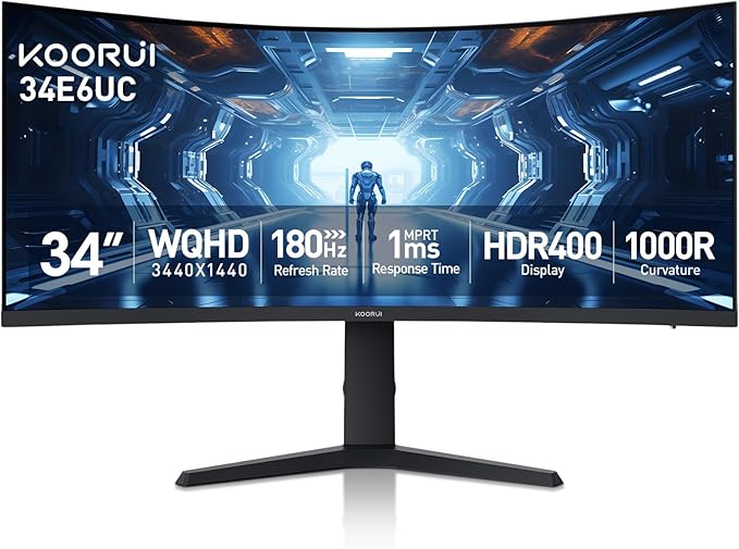 KOORUI 34-inch Curved Ultrawide WQHD 3440×1440 Gaming Monitor, 180Hz 1000R- by KOORUI