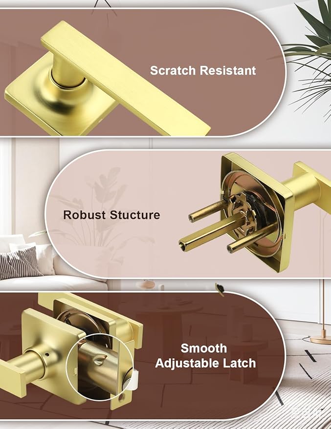 Mengico 4 Pack Passage Door Levers Gold Finish, No-Locking Keyless Square Door - Image 2