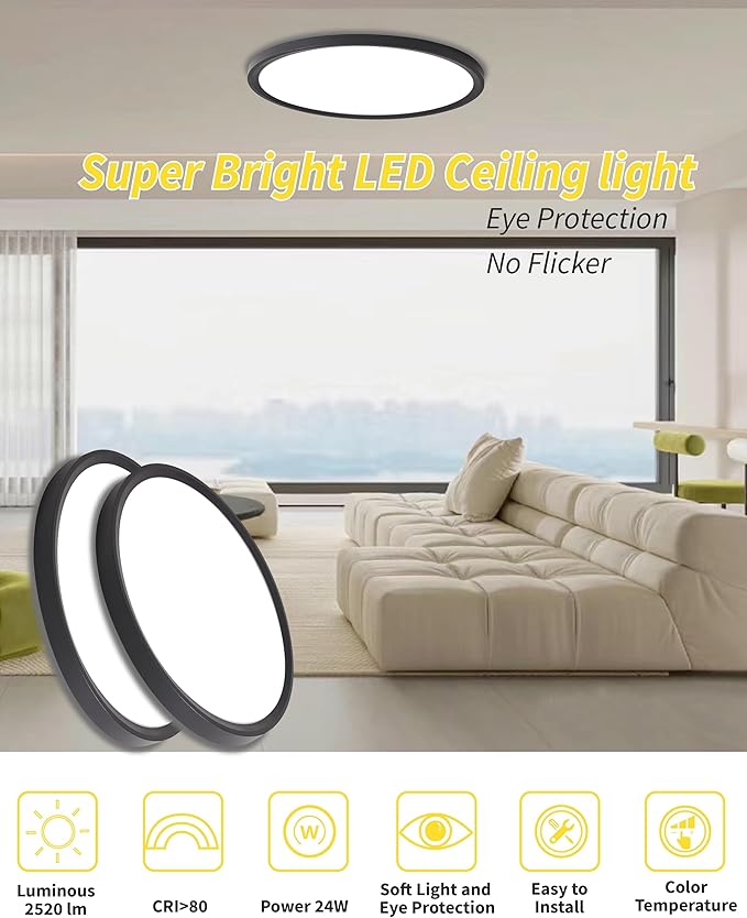Led Flush Mount Ceiling Light, 12 Inch 24w 2520lm Round, 6000k CCT Selectable - Image 2