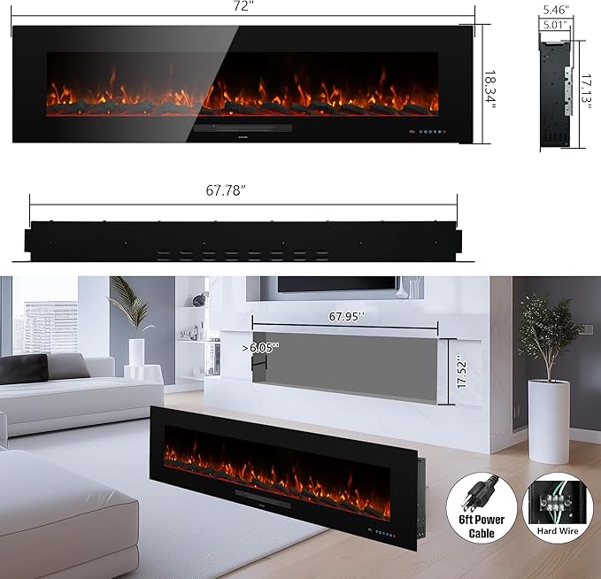 72" Electric Fireplace, Recessed & Wall Mounted Fireplace Heater 13 * 13 Colors - Image 2