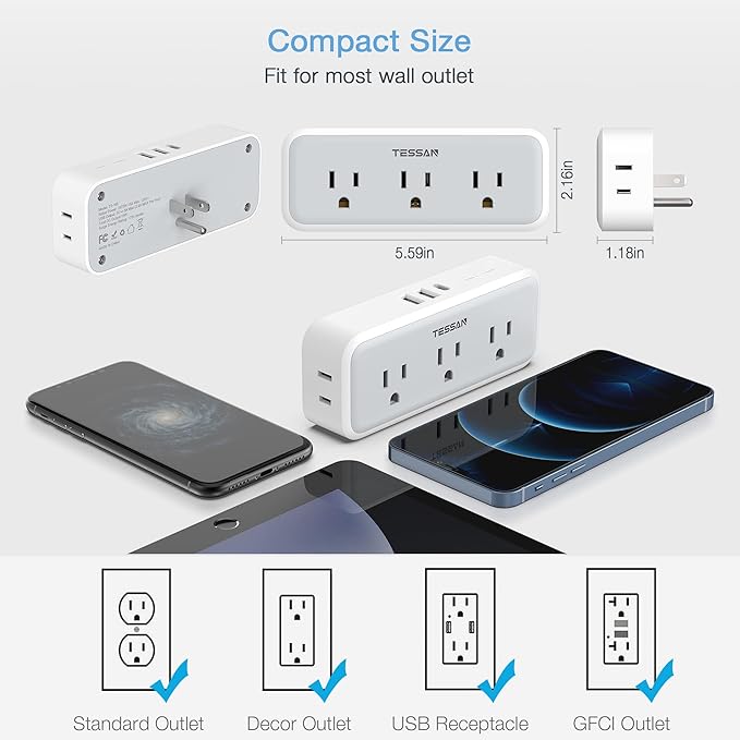 Multi Plug Outlet Extender, USB C Wall Charger, TESSAN Wall Plug Splitter - Image 5