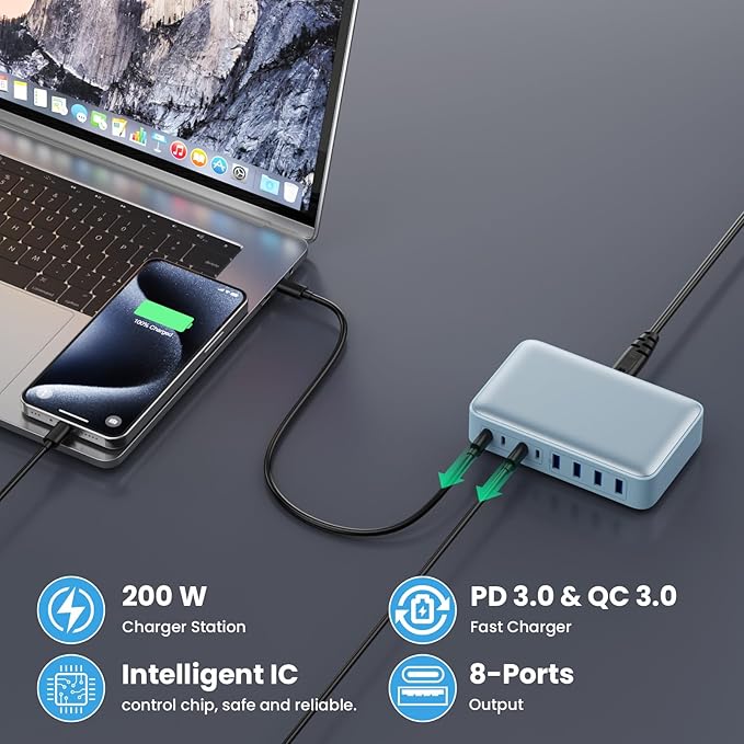 USB C Charger 200W USB C Charger Block, Upgraded GaN III 8-Port Fast Charging - Image 5
