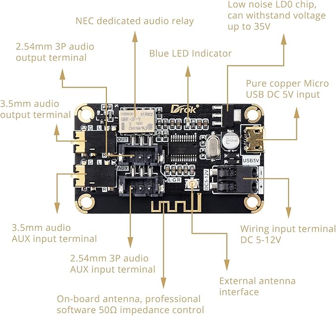 DROK Blue~Tooth Board, 12V Audio Receiver Blue~Tooth Module DC 5V-12V Portable - Image 2