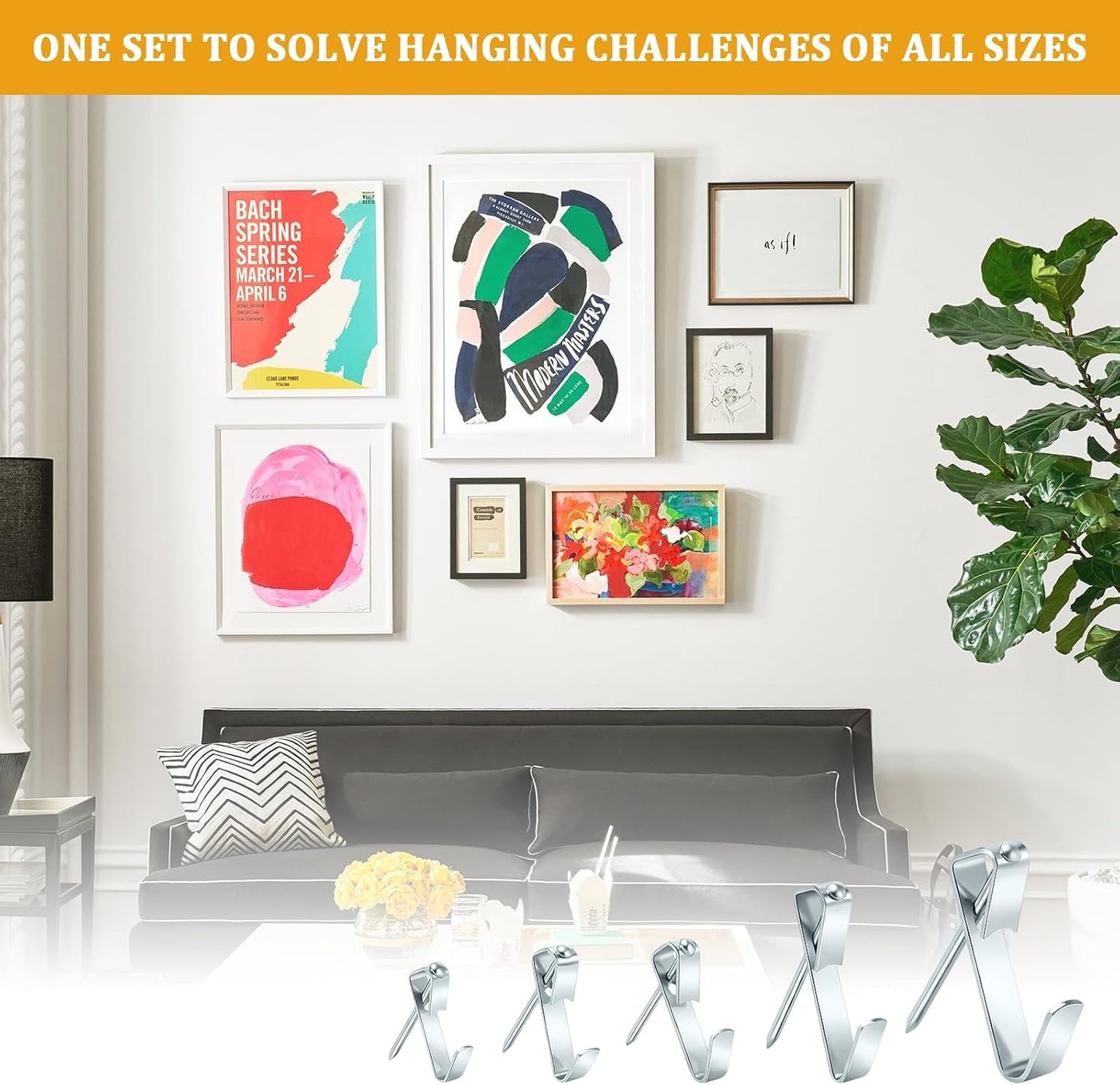 214Pcs Picture Hanging Hooks, Renter Friendly Picture Hanging Kit with Heavy Duty Picture Hangers and Hardware Nails, for Frame, Painting, Art and Photo, on Drywall,Plaster, and Wood Wall