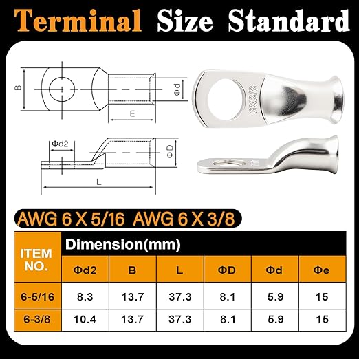 20PCS 6 AWG 5/16 3/8 inch Battery Cable Lugs, 6 gauge Tinned Copper Crimp - Image 3