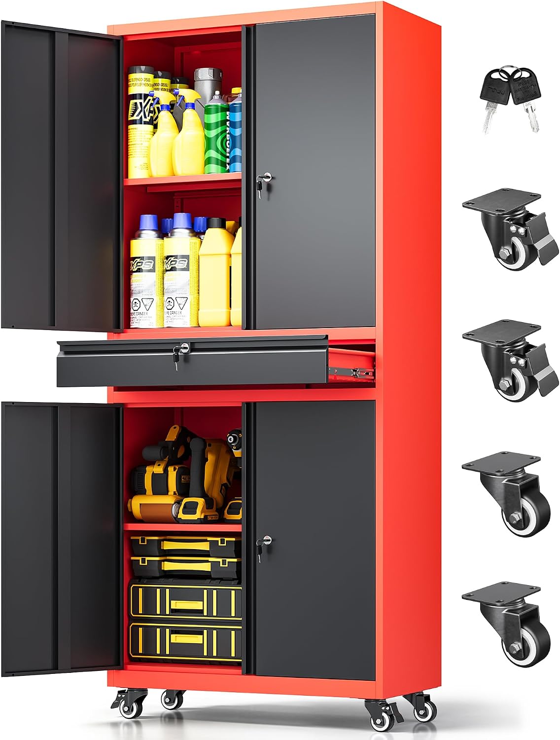 metal garage storage cabinet with wheels, rolling garage shown in use