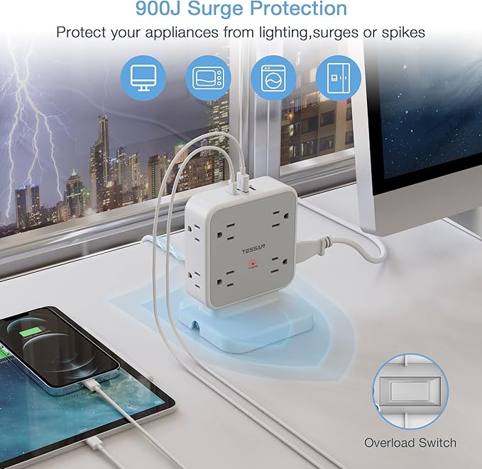 Power Strip Tower Surge Protector, TESSAN 8 AC Outlets - Image 3