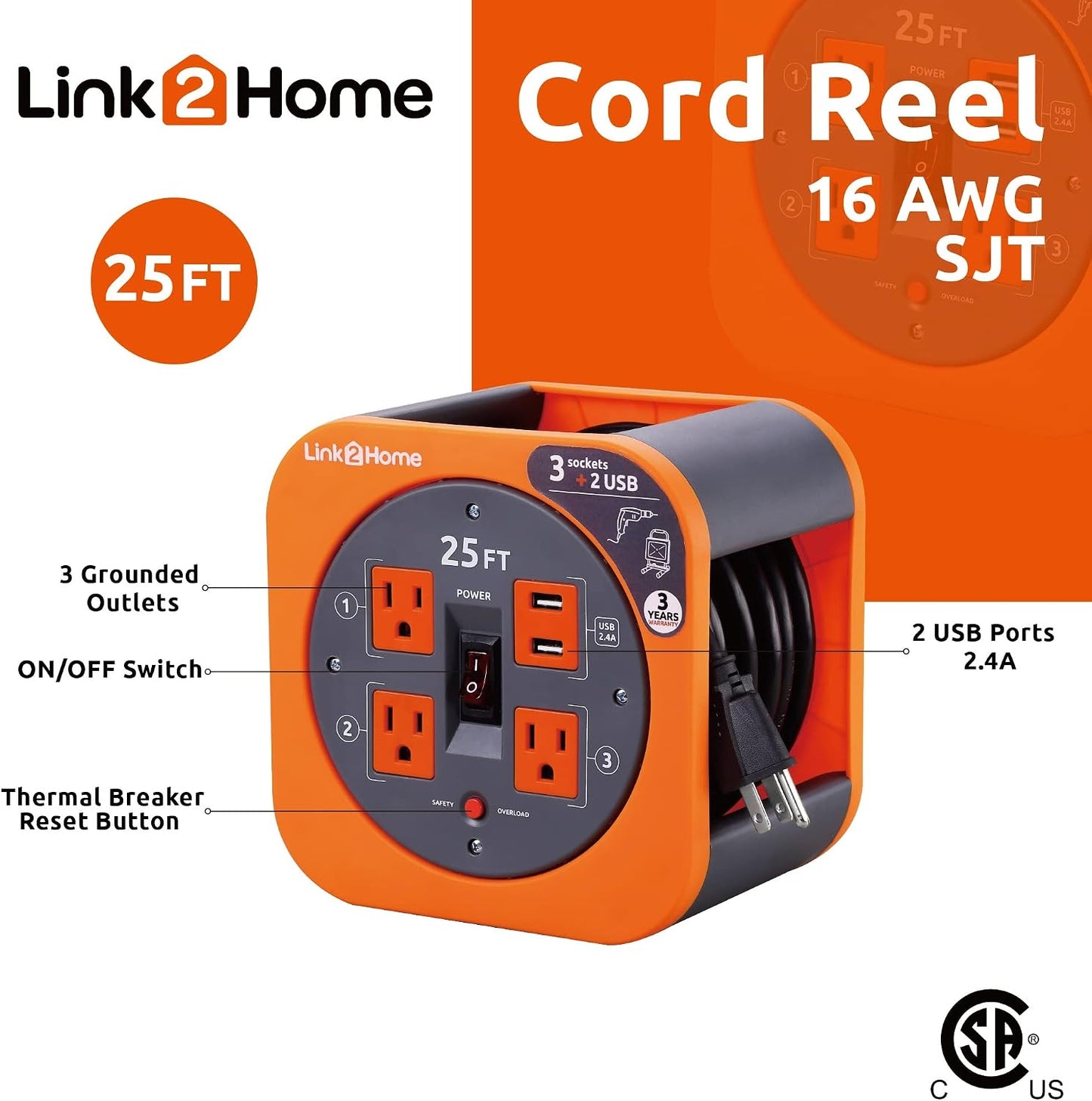 Link2Home 25 Ft. Extension Cord Reel, 4 Outlets, 2 USB Ports | 16 AWG SJT cable, 2.4A fast-charge USB, compact storage reel design