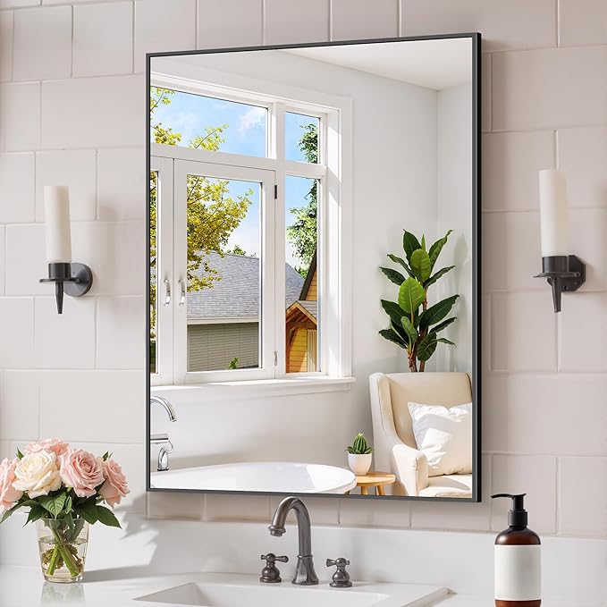 Black Bathroom Mirror for Wall, 24x32 Inch Rectangle Mirror by Welcometocofeny