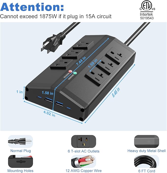 JUNNUJ Heavy Duty Surge Protector Power Strip - Image 7