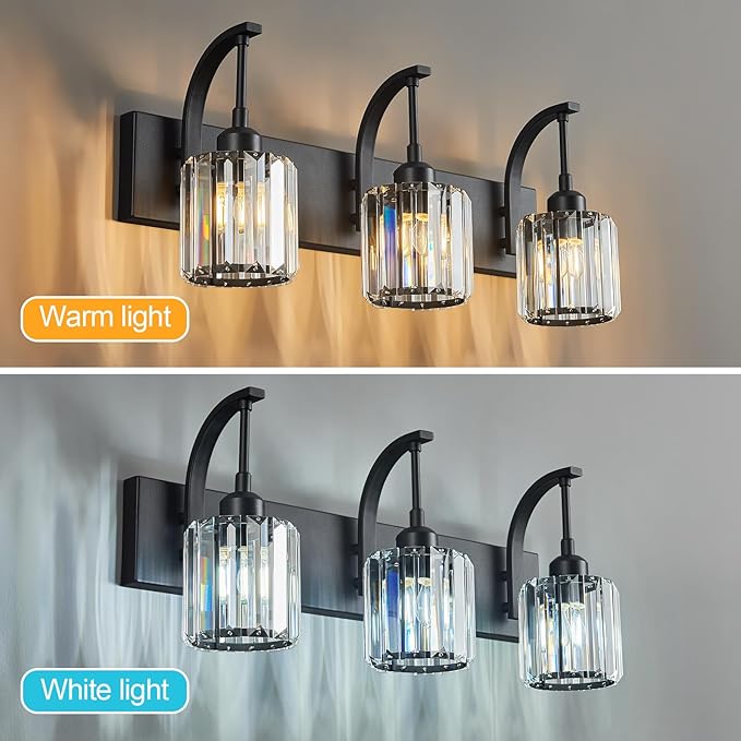 FDPBY 3-Light Crystal Vanity Light, Modern Black Bathroom Wall Sconce - Image 2