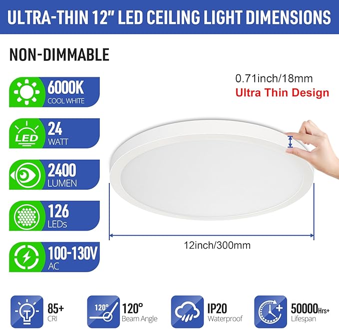 SunRider 2-Pack LED Flush Mount Ceiling Light Fixture, 6000K Cool White - Image 2
