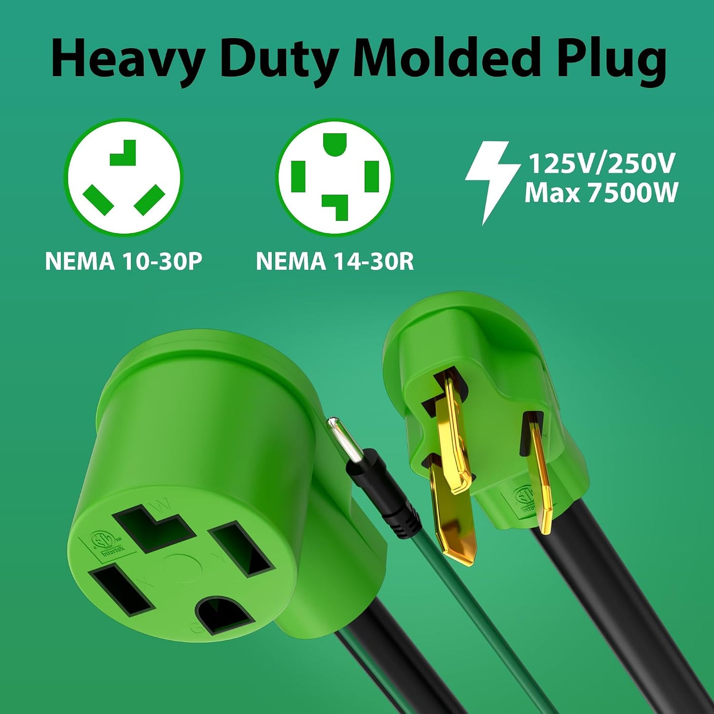 4 Prong to 3 Prong Dryer Plug Adapter with Green Ground Wire, 4-Prong New Dryer Female to 3 Prong Old Dryer Male Receptacle, 10-30P to 14-30R Dryer Adapter, 10AWG, STW, 2FT