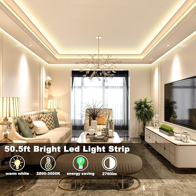 MY BEAUTY LIGHT LED Strip Lights Warm White, 50.5ft Dimmable LED Light Strip - Image 2