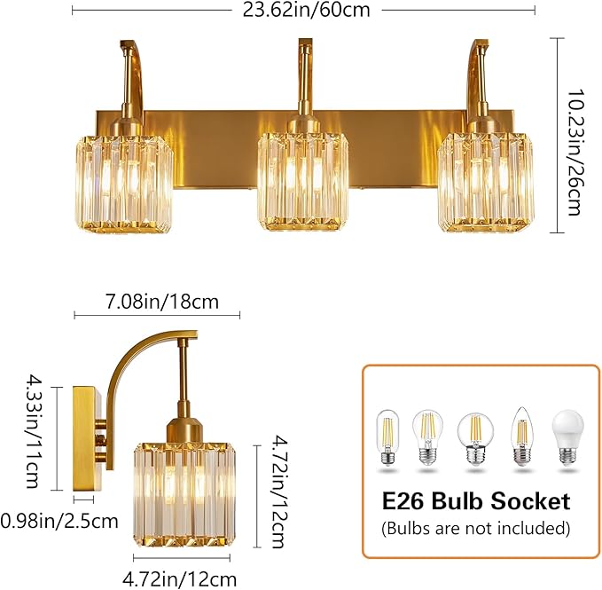FDPBY Crystal Vanity Lights 3-Light Gold Bathroom Vanity Lights Modern Crystal - Image 4