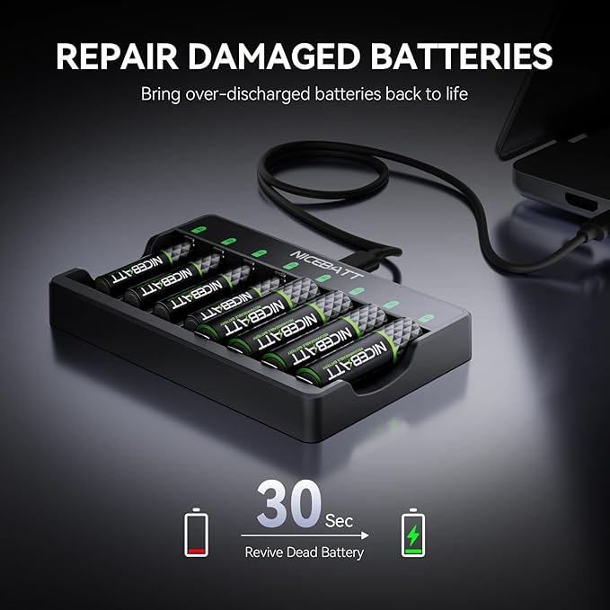 Smart 8 Bay AA AAA Battery Charger, Over-Discharge Damage Repair, USB Type-C - Image 5