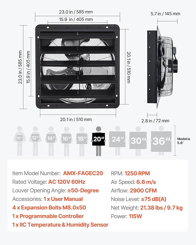 VEVOR 20 inch Shutter Exhaust Fan, Wall Mounted Attic Vent Fan - Image 7
