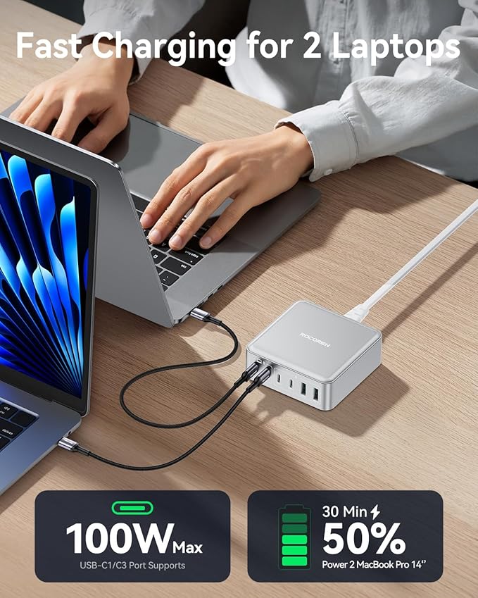 270W USB C Charger Block, Rocoren 6 Port Multi USB-C Charging Station, 100W PD - Image 3