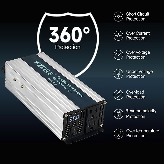 WZRELB 1000W Pure Sine Wave Inverter 36V DC to 110V 120V AC Power Converter - Image 2