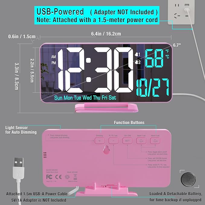 Pink Digital Clock for Bedroom 6.7in Dual Alarm Clock - Image 6